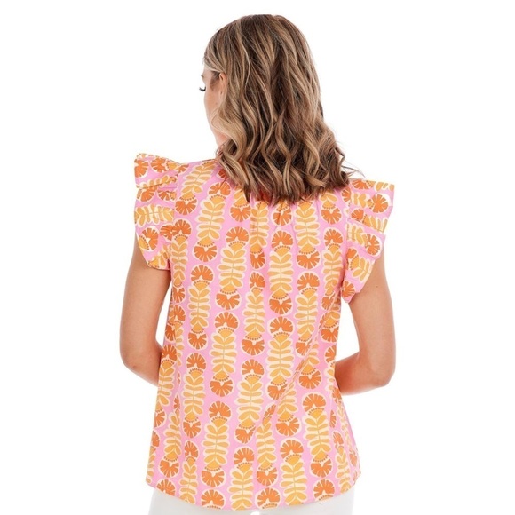 Mud Pie Becky Colorful Flutter Sleeve Cotton Poplin V-Neck Resort Style Top Sz M - Picture 3 of 12